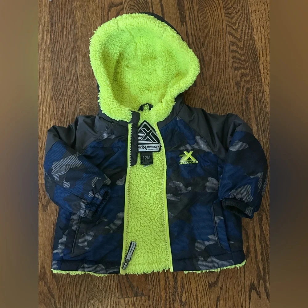 ZeroXposur Boys Blue Camo Neon Sherpa Hooded Puffer Winter Coat 12M
